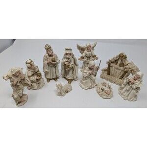 10 Pc White Gold Resin Nativity Set with Stable Holy Family Wise Men Angel Xmas